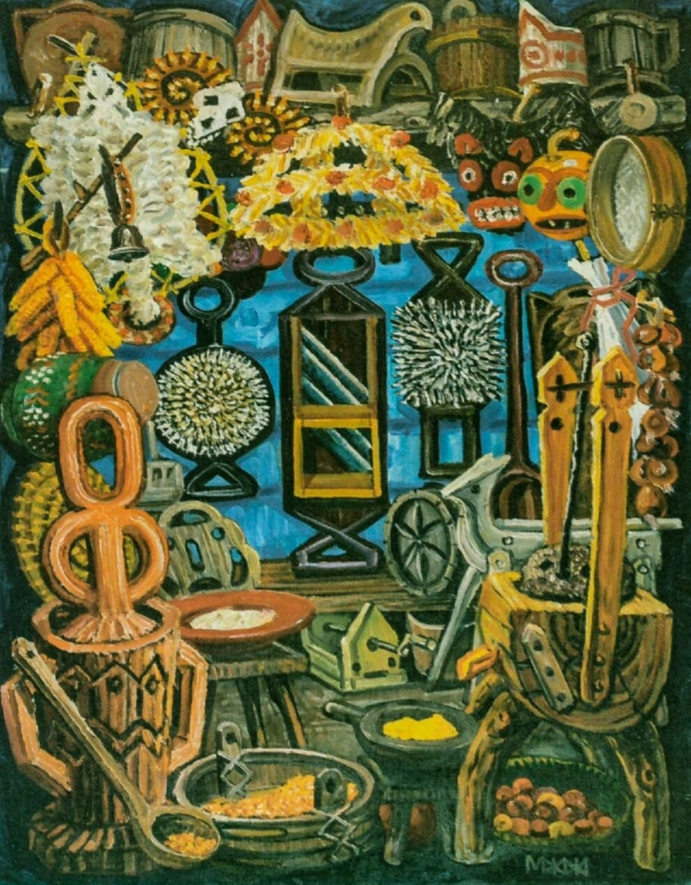 Fedir Manailo original investment art painting with eclectic objects on blue background