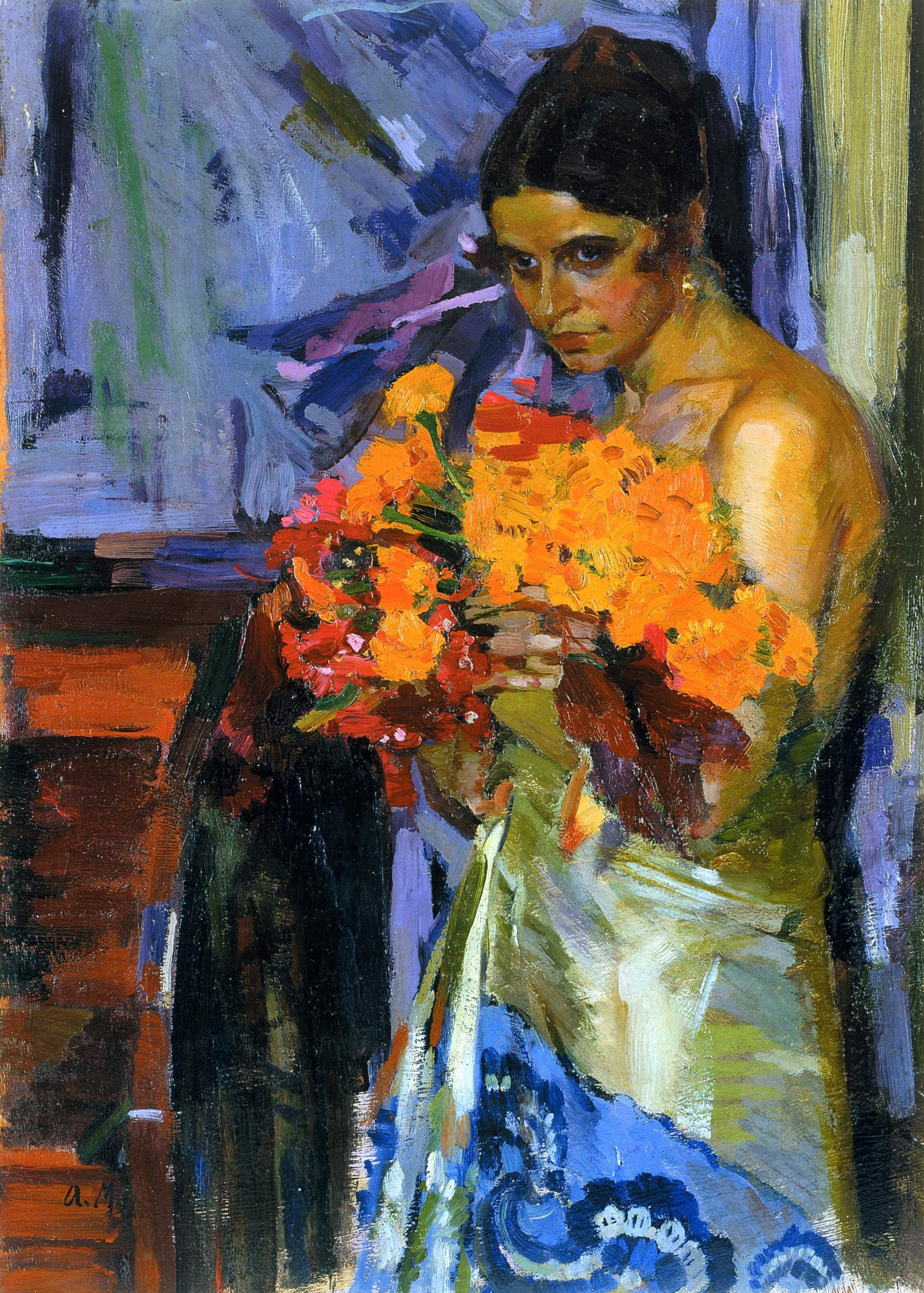 Oleksandr Murashko modernist painting of woman in green blue dress with orange red bouquet