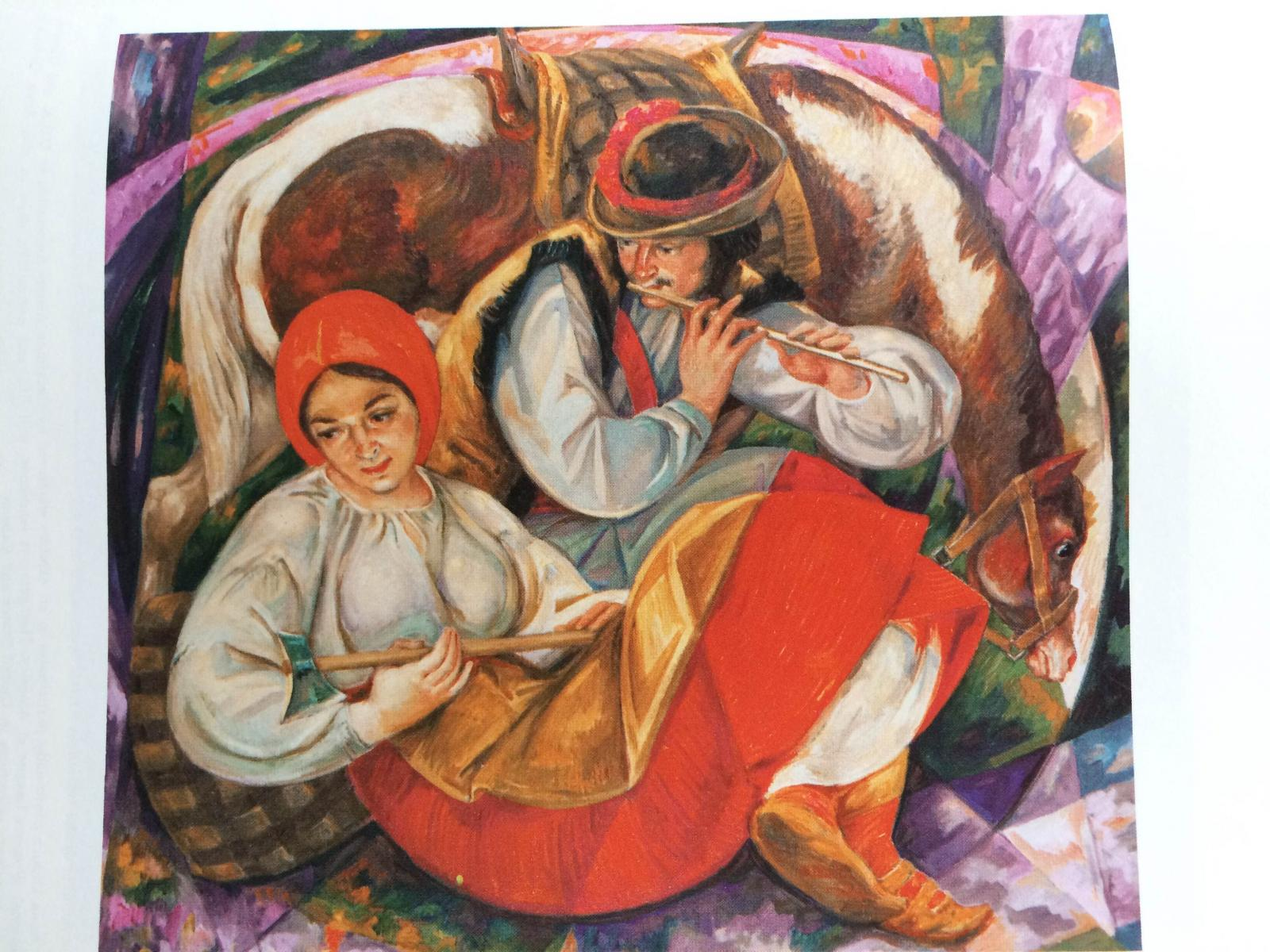 Vibrant Ukrainian folk art by Mykhailo Dmytrenko: flute player, woman in orange headscarf, horse