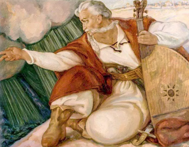 Elderly man with lute in Mykhailo Dmytrenko biblical painting