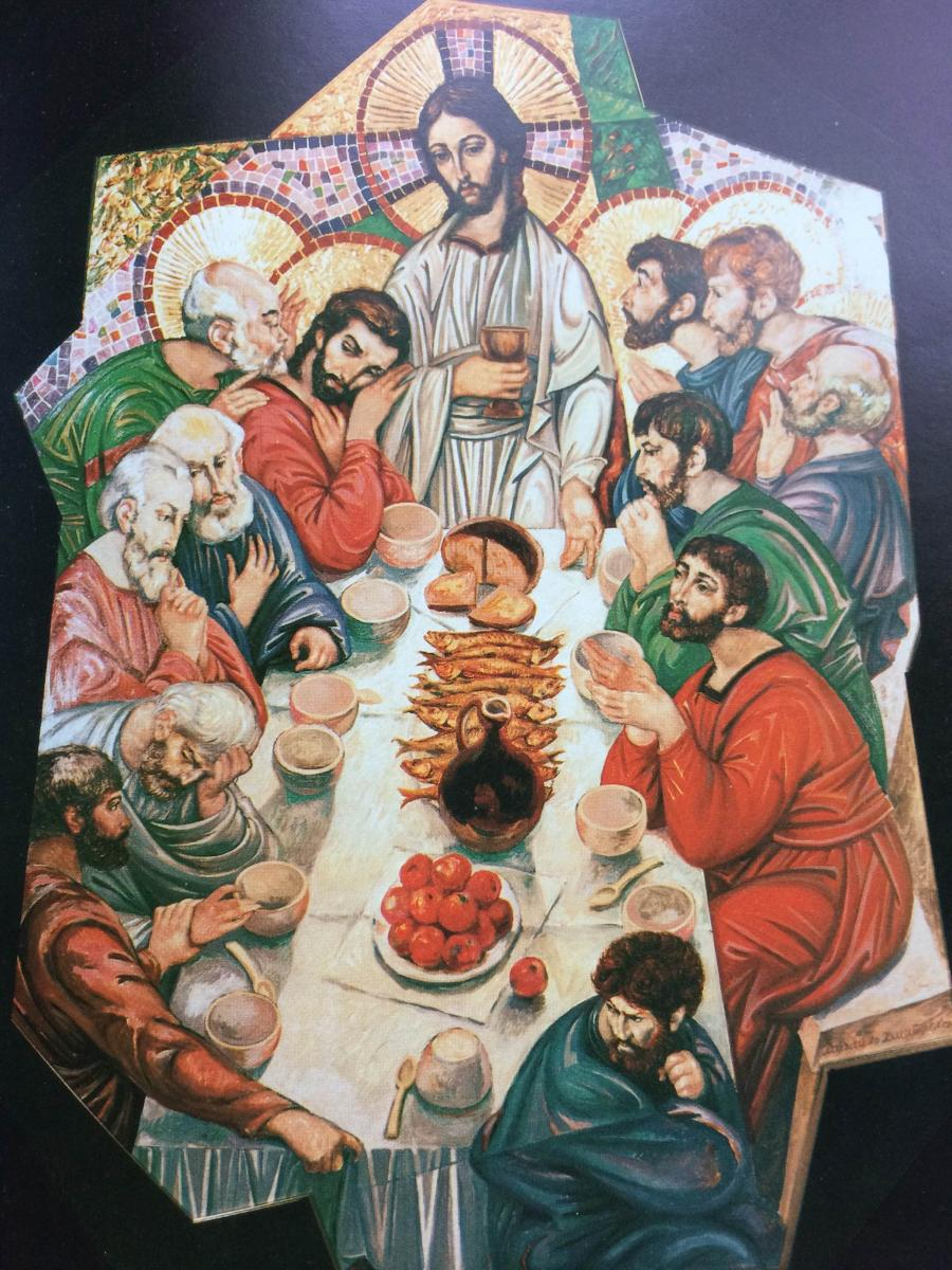 Vibrant Last Supper mosaic by Mykhailo Dmytrenko, rich robes on dark background