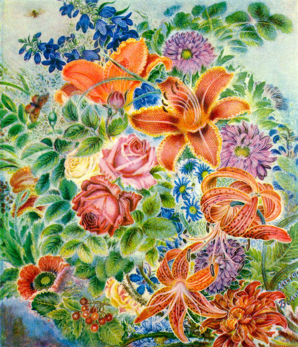 Vibrant Kateryna Bilokur watercolor floral with orange lilies, pink roses