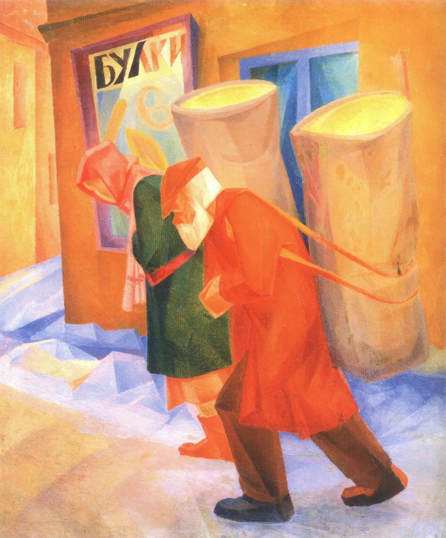 Two figures in vibrant red and green coats carry barrels on backs, Oleksandr Bohomazov original Ukrainian avant-garde painting