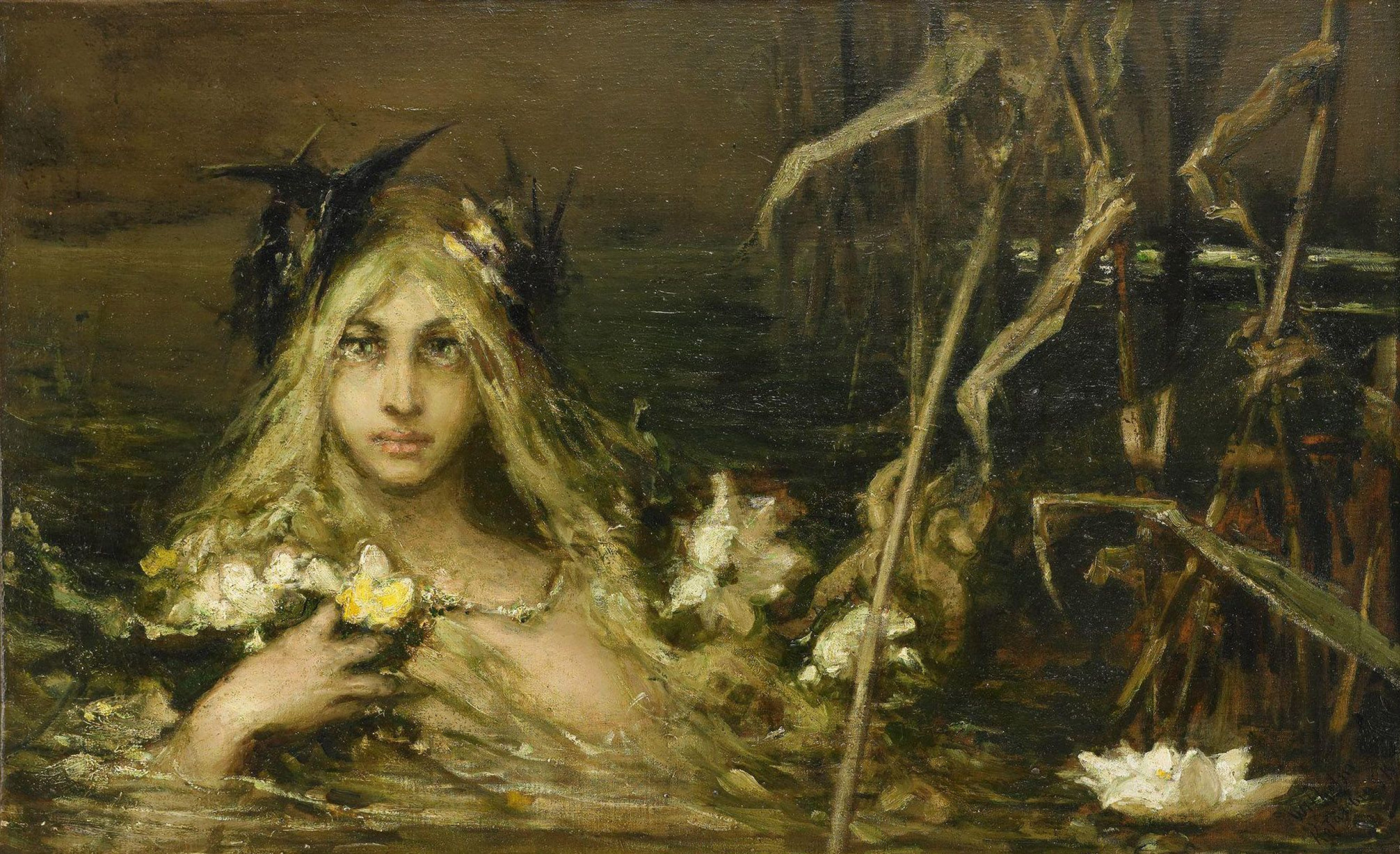 Wilhelm Kotarbinski symbolist oil painting of blonde woman in water with flowers