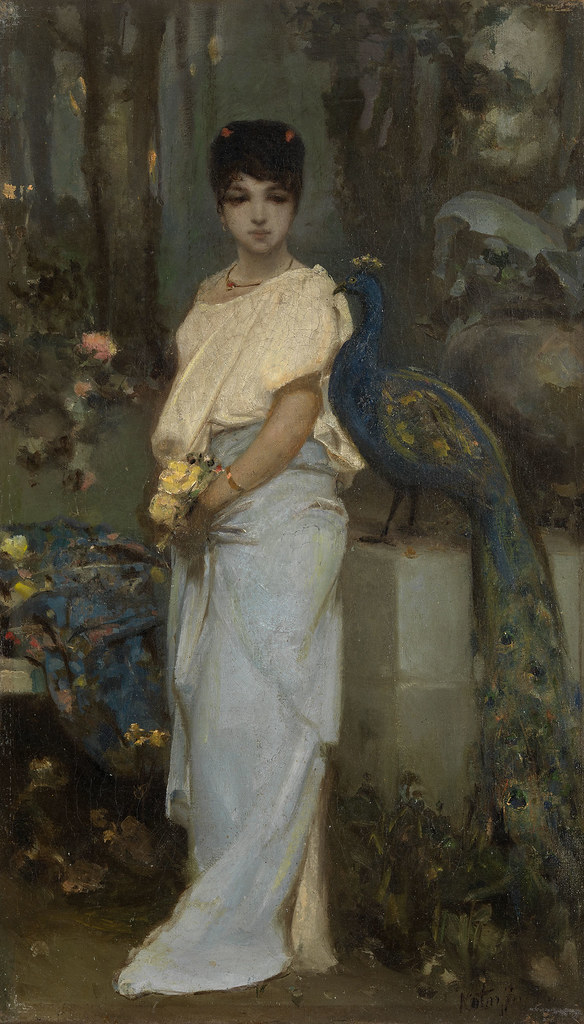 Woman beside vibrant blue peacock in Kotarbiński Ukrainian symbolism art