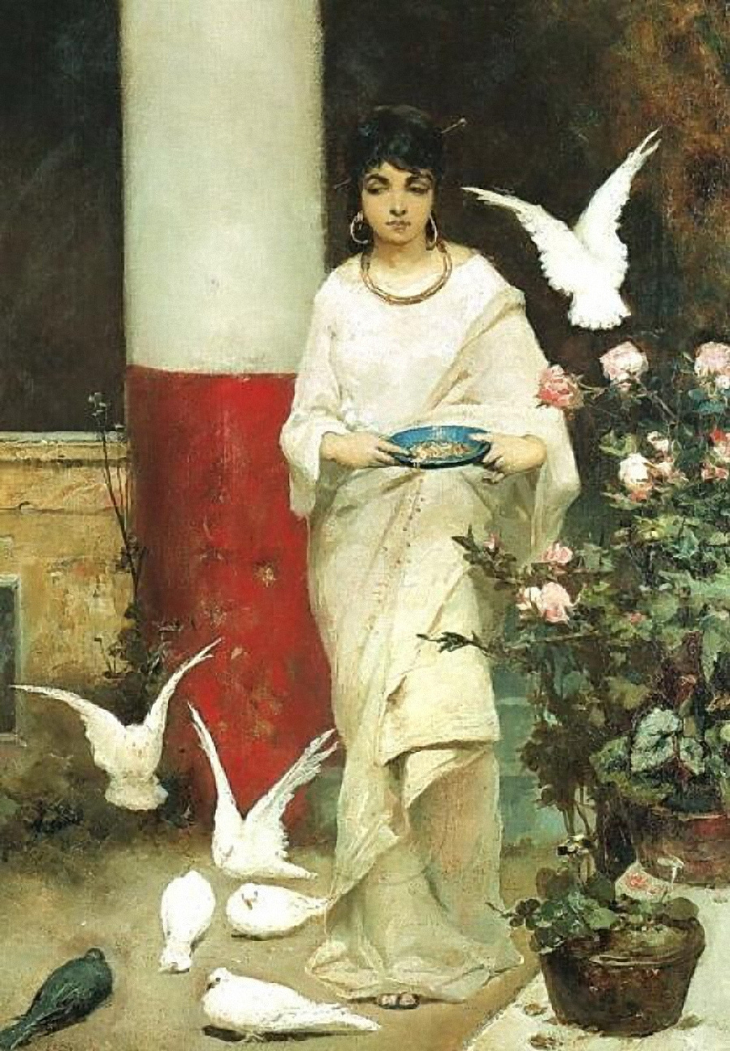 Wilhelm Kotarbinski allegorical scene: woman in white garment by red-and-white pillar holding blue dish