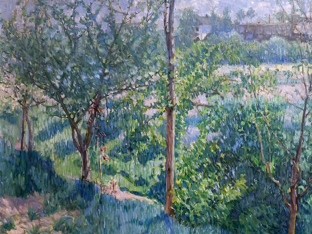 Vibrant impressionist landscape by Mikhail Larionov, lush green trees in sunlit tones