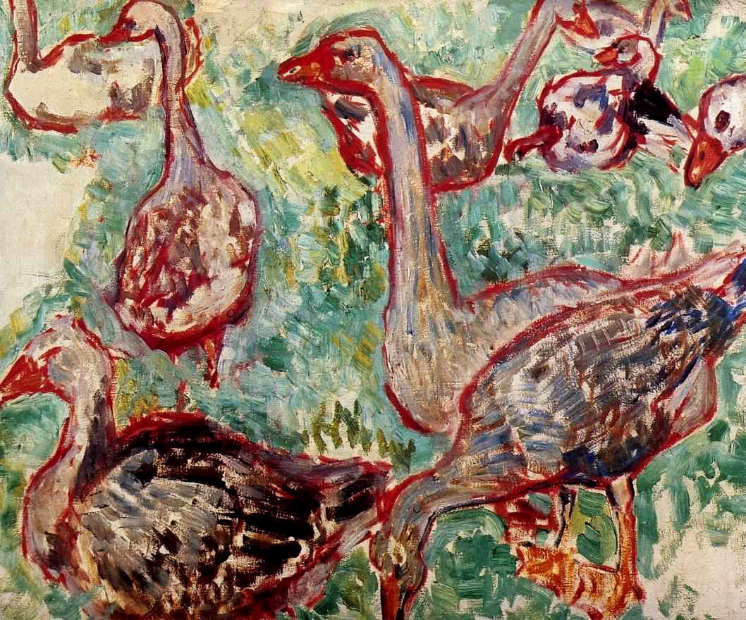 Vibrant Mikhail Larionov neo-primitivism geese painting, collectible