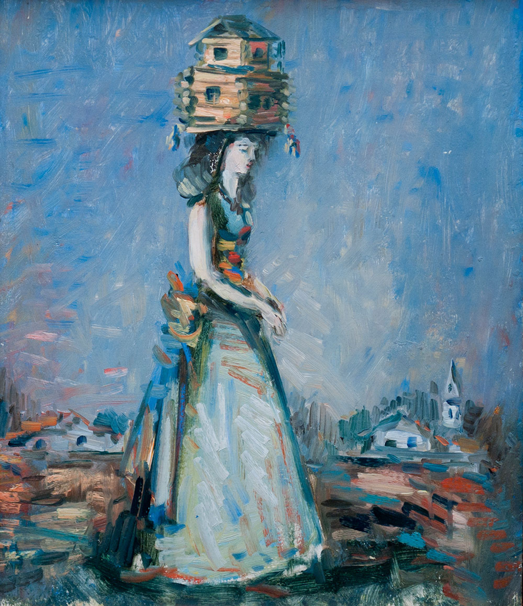 Woman in multicolored gown balancing wooden birdhouse on head by Oleksandr Tyshler