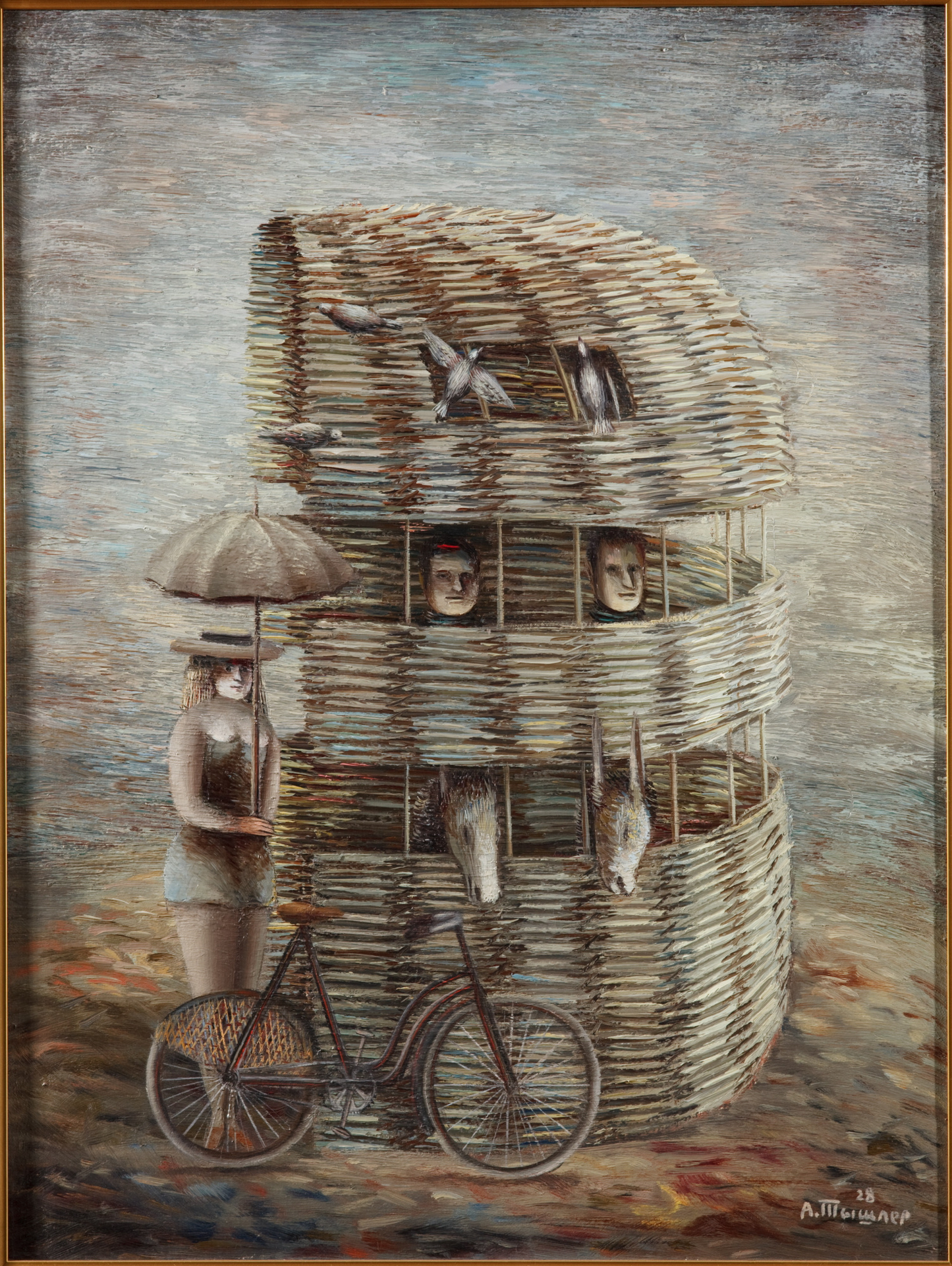 Oleksandr Tyshler Symbolic Allegory: surreal woven structure with faces and birds