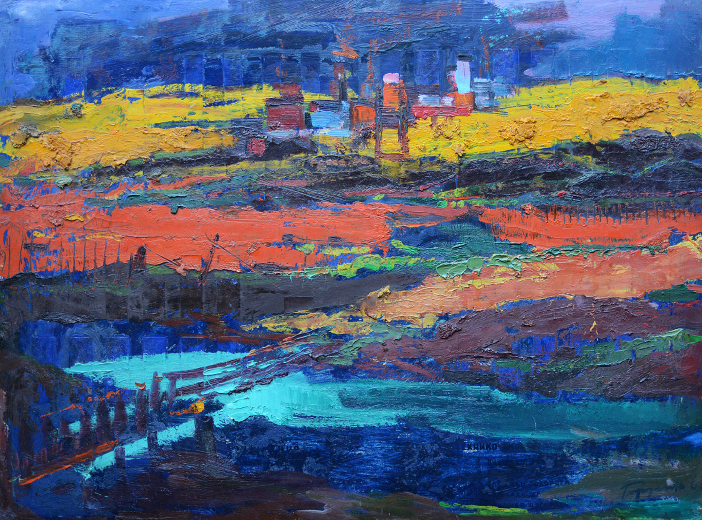 Vibrant Mykola Hlushchenko original impasto landscape in blues, yellows