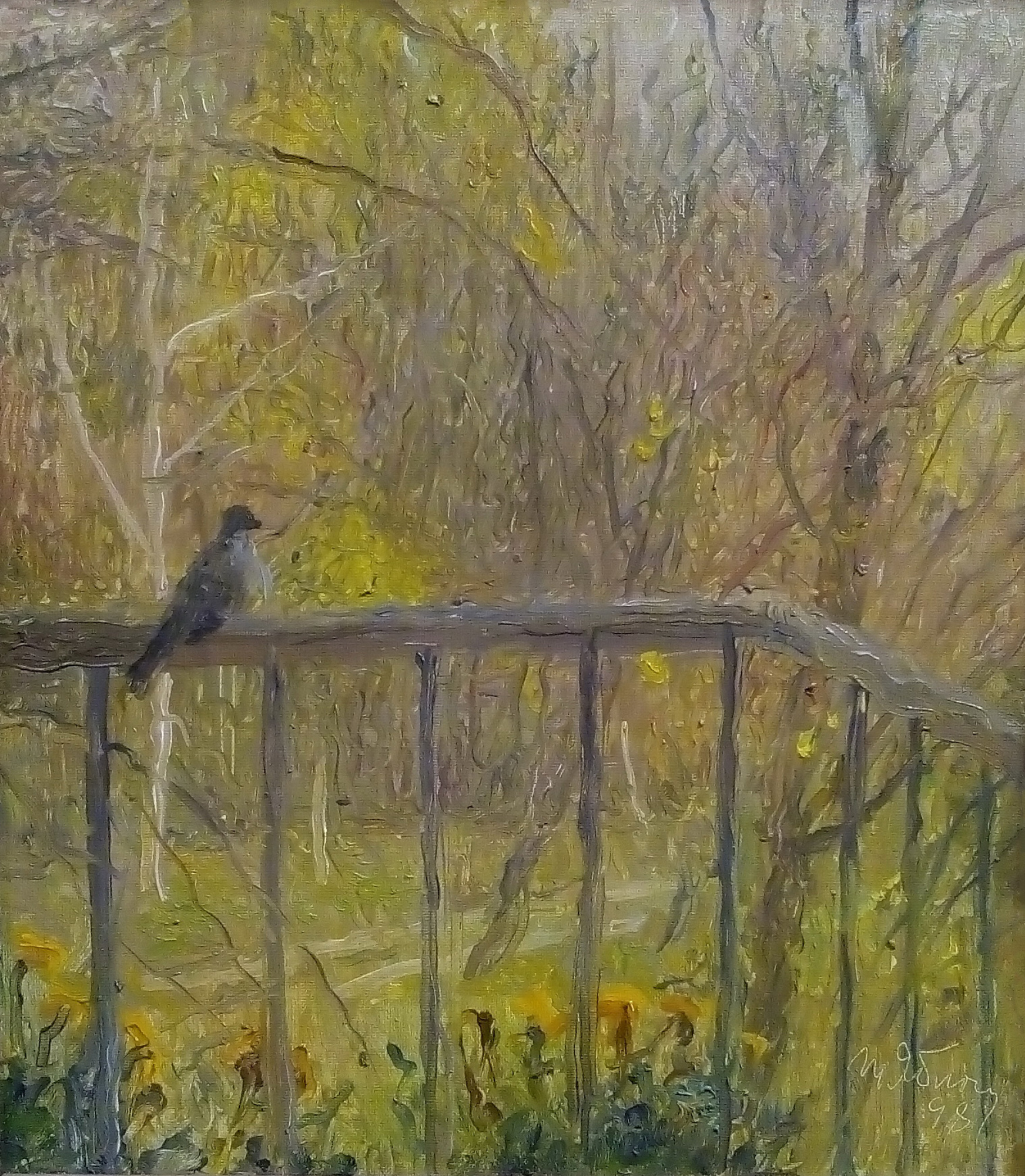 Small dark bird on weathered fence in Tetiana Yablonska post-impressionism art