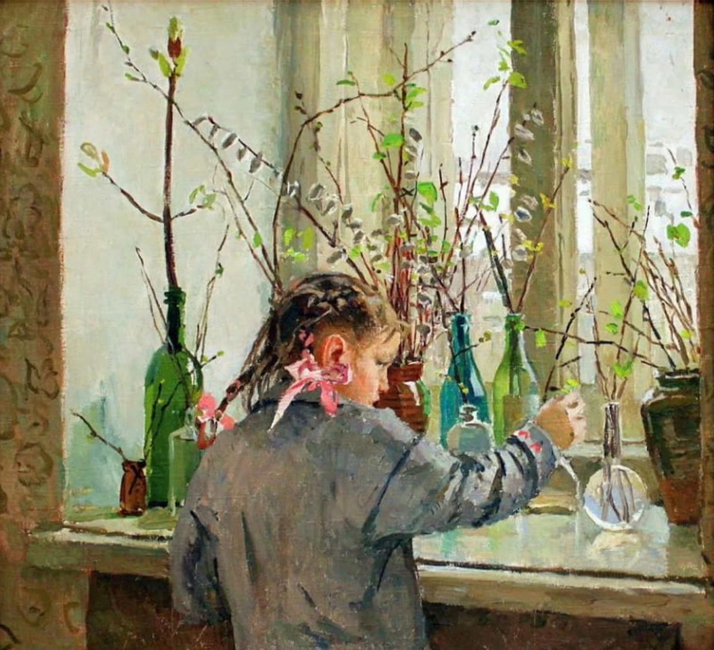 A child with braided hair adorned with a pink ribbon is seen from behind, wearing a gray jacket and reaching toward several green glass bottles arranged on a windowsill.