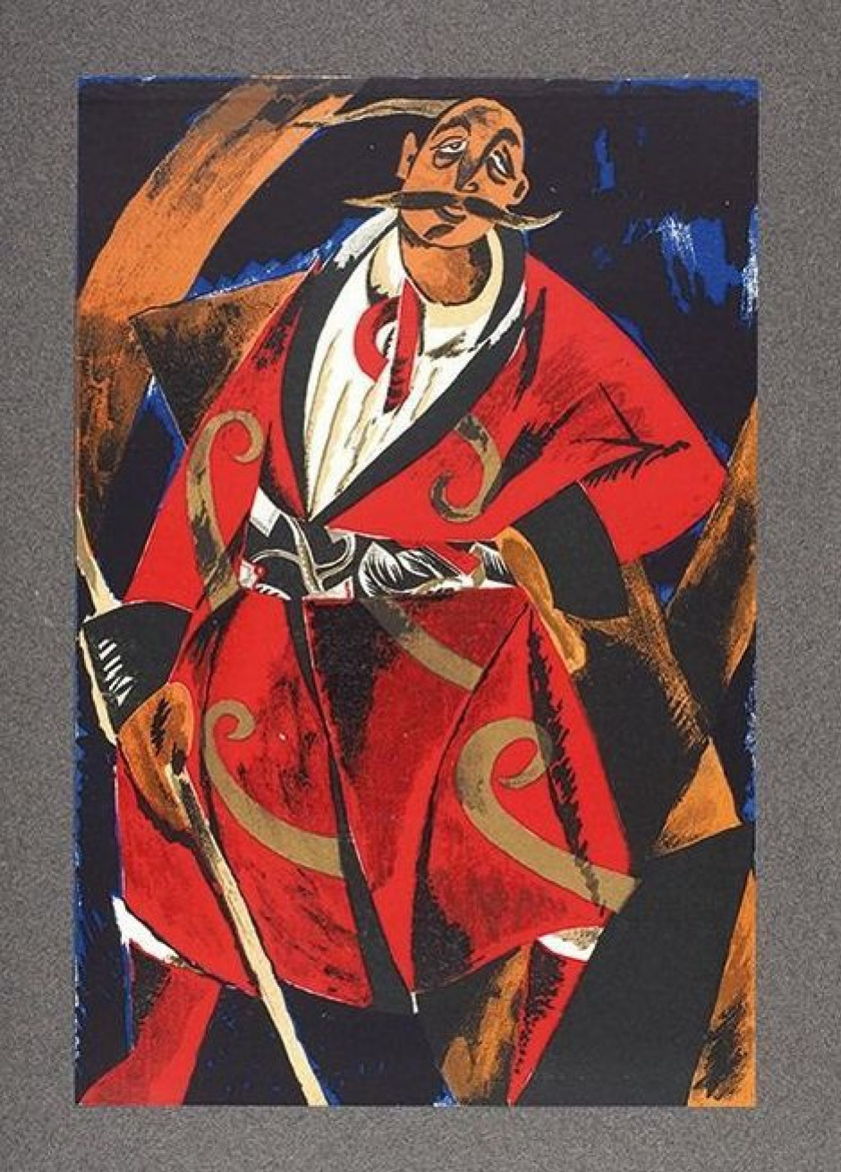 Anatol Petrytsky avant-garde original: stylized man in red robe on dark background