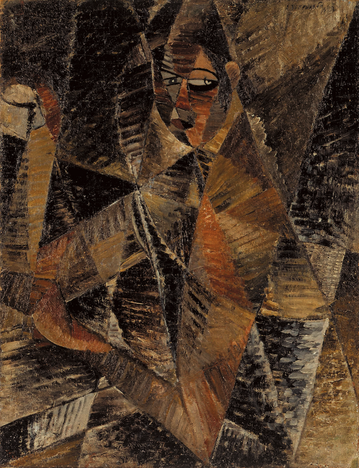 Cubist portrait of woman by Anatol Petrytsky in earthy browns and blacks