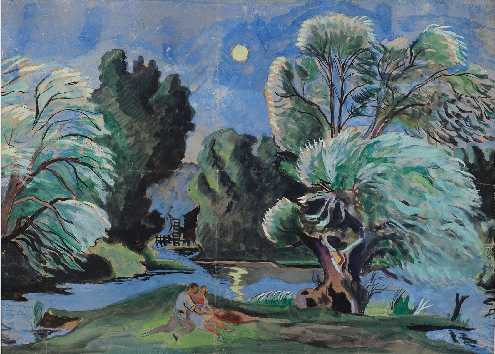 Anatol Petrytsky original modernism painting of moonlit riverbank embrace