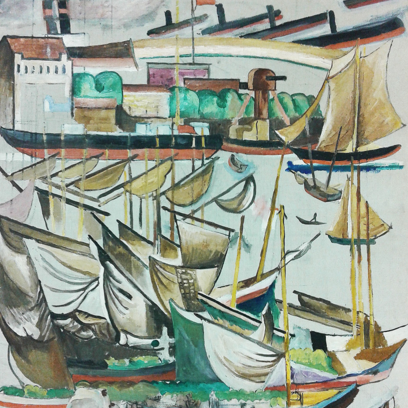 Vibrant Anatol Petrytsky harbor painting with sailboats in earthy tones