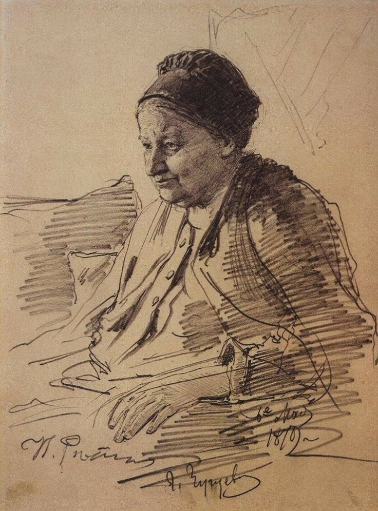Detailed Ilya Repin signed charcoal sketch of elderly woman on aged paper