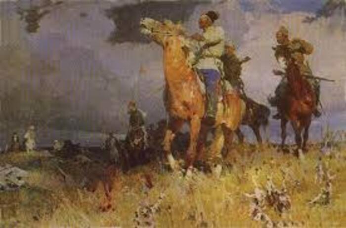 Rare Viktor Poltavets oil painting of horseback riders in field, Ukrainian realism