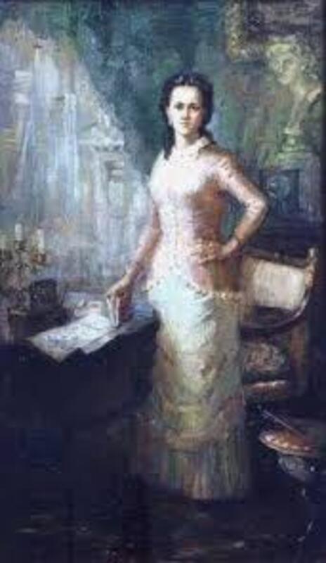 Woman in lace gown by Maria Raevska-Ivanova beside ornate desk
