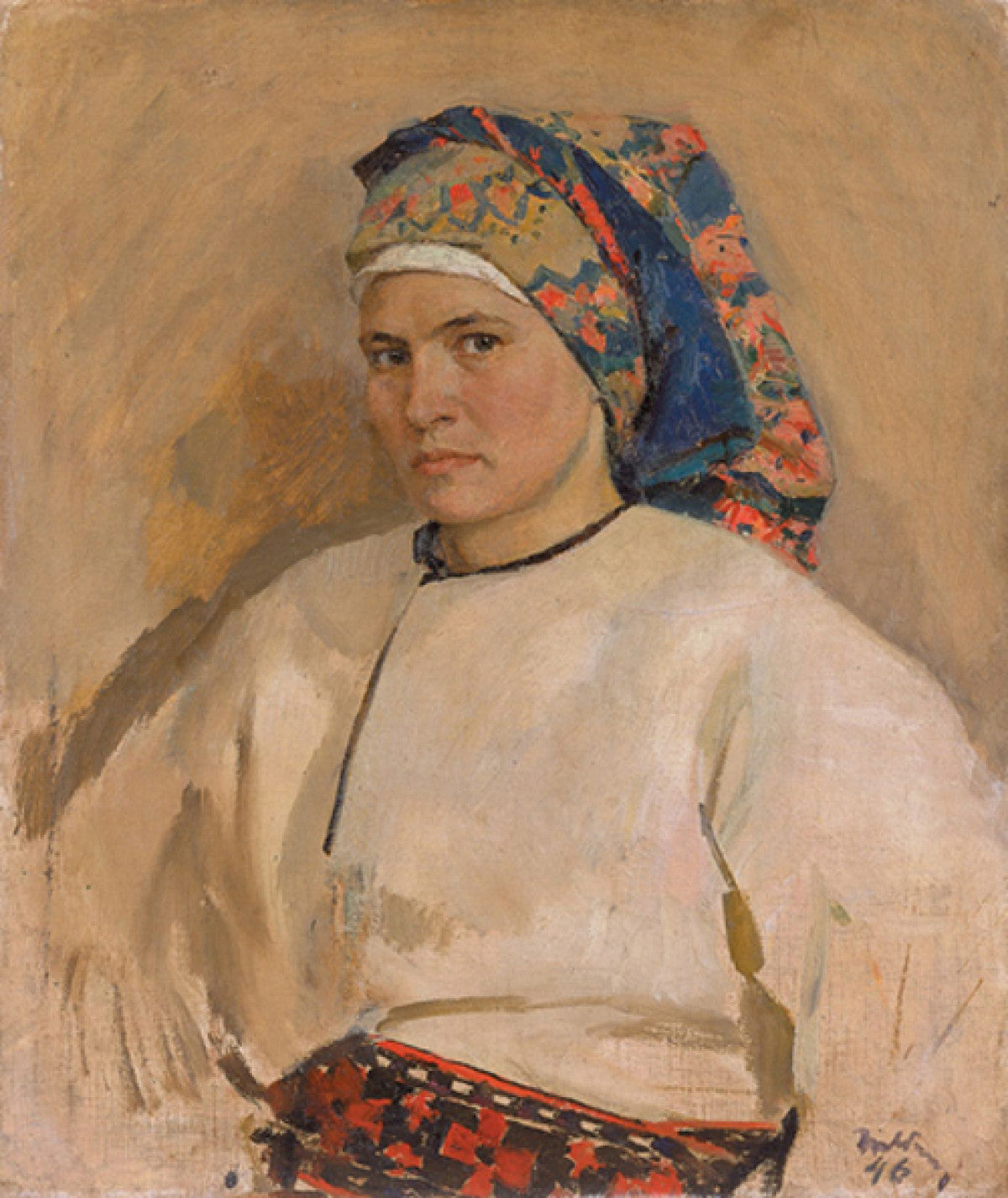 Opanas Rokachevskyi realist portrait of woman in colorful floral headscarf