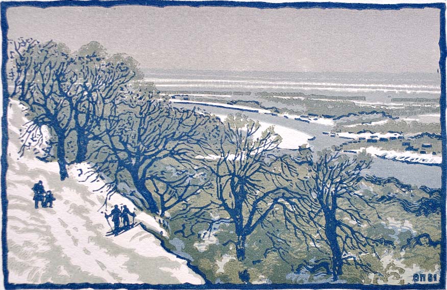 Blue gray winter landscape print by Oleksandr Pashchenko, rare Soviet-era art