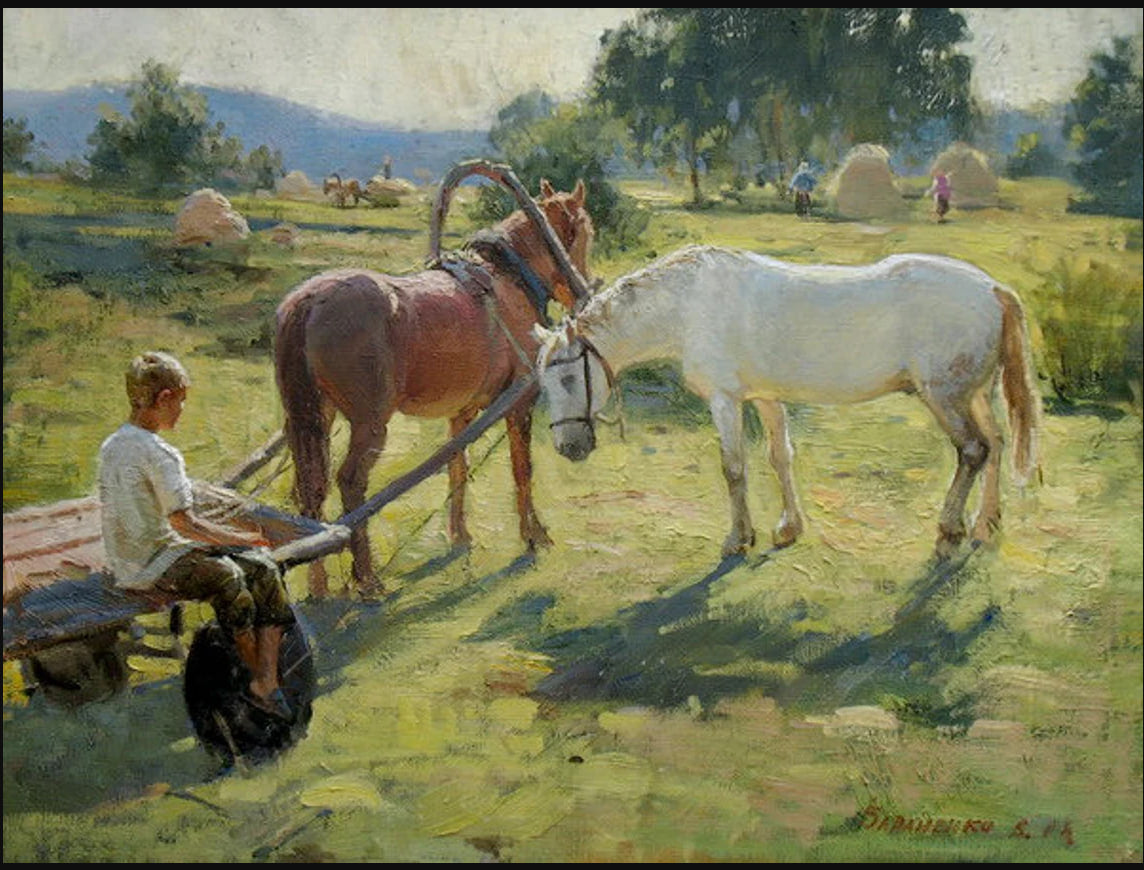 Custom Sotheby’s landscape painting of rustic cart pulled by horses in field