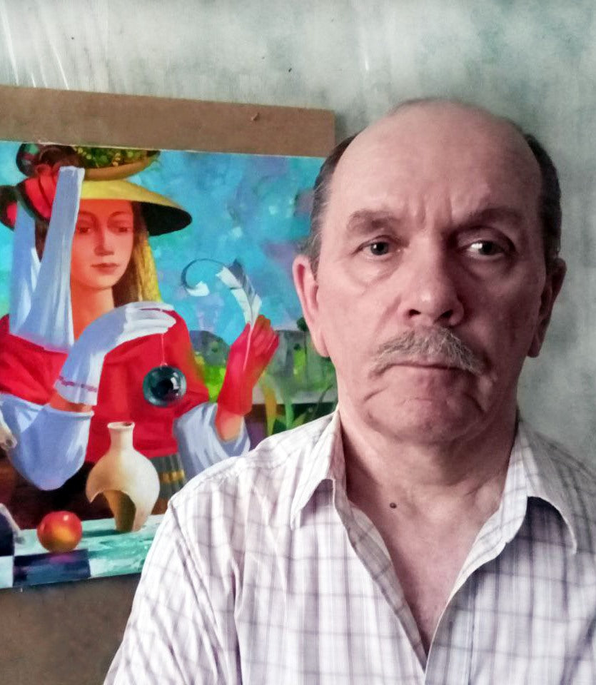 A vibrant oil painting featuring a woman in a yellow hat and red dress holding white gloves, set against a blue background with a clay vase and apple on the table.