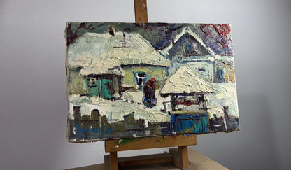 Oil painting Snow covered yard Ivanyuk Oksana