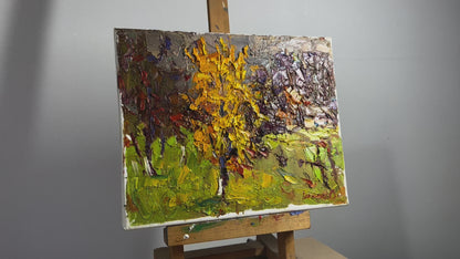 Oil painting Autumn twilight and yellow tree Oksana Ivanyuk