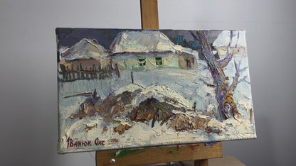 Oil painting The Patchwork of Snowy Village Roofs Ivanyuk Oksana