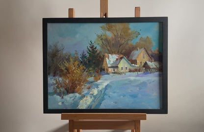 OIl painting Winter snowdrifts near the house Yuriy Suprunchuk