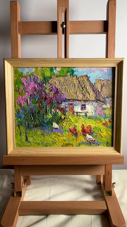 Oil painting Chickens grazing in the yard Oksana Ivanyuk