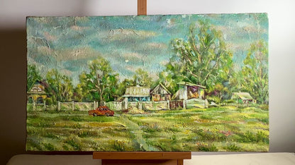 Oil painting Red car in the village Ivan Shapoval