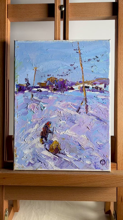 Oil painting Winter road home Oksana Ivanyuk