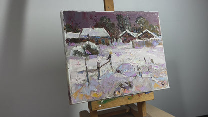 Oil painting Snowy street in the village Oksana Ivanyuk