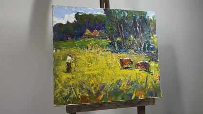 Oil painting Cows in a yellow field Oksana Ivanyuk