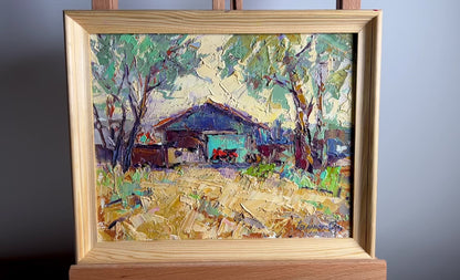 Oil painting Garage with a red motorcycle Alex Ivanyuk