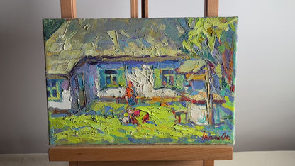 Oil painting Grandmother in the yard Ivanyuk Oksana