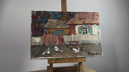 Oil painting Geese near the yard Alex Ivanyuk
