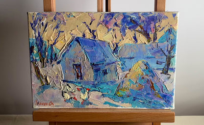 Oil painting Winter sunset in the village Alex Ivanyuk