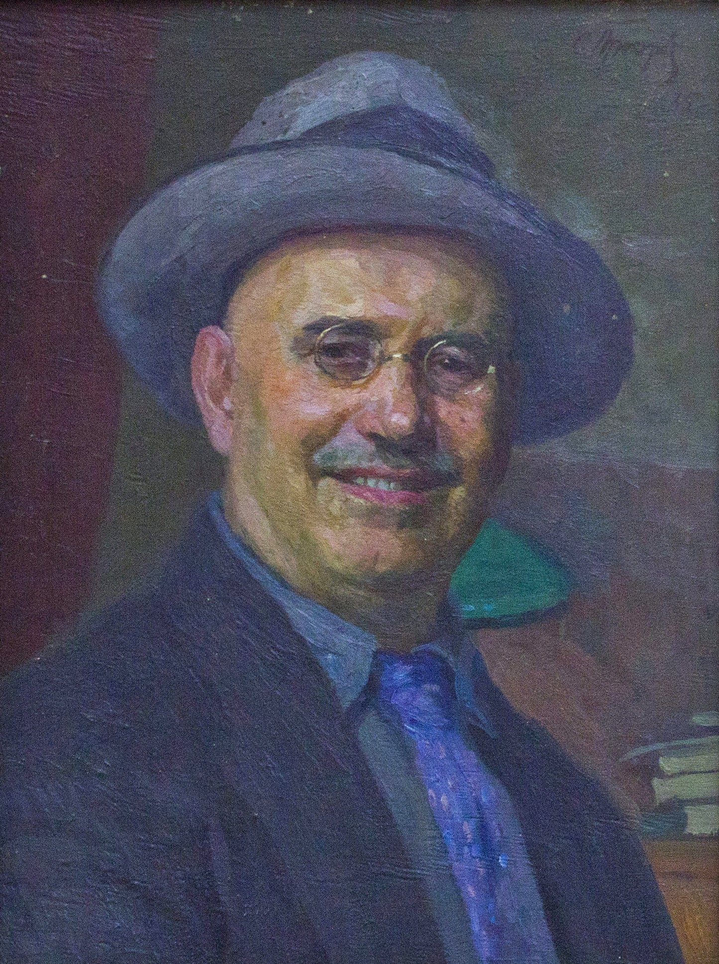 Collectible oil portrait by Semen Prokhorov of smiling man in fedora and suit