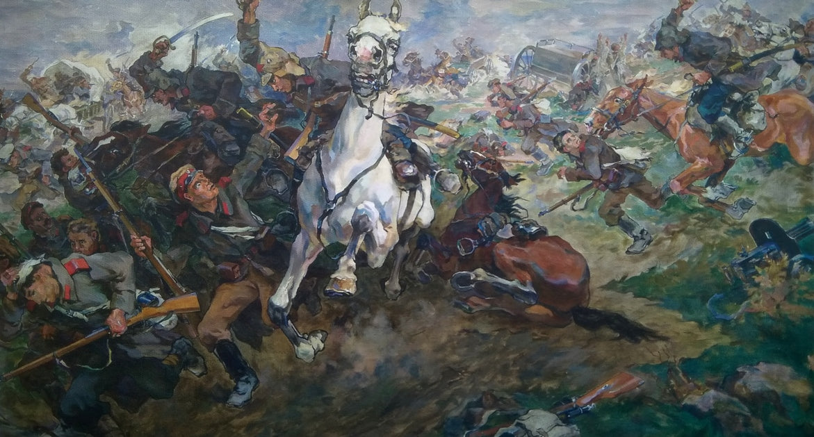 Rare Samokysh chaotic battlefield oil painting with white horse and rider