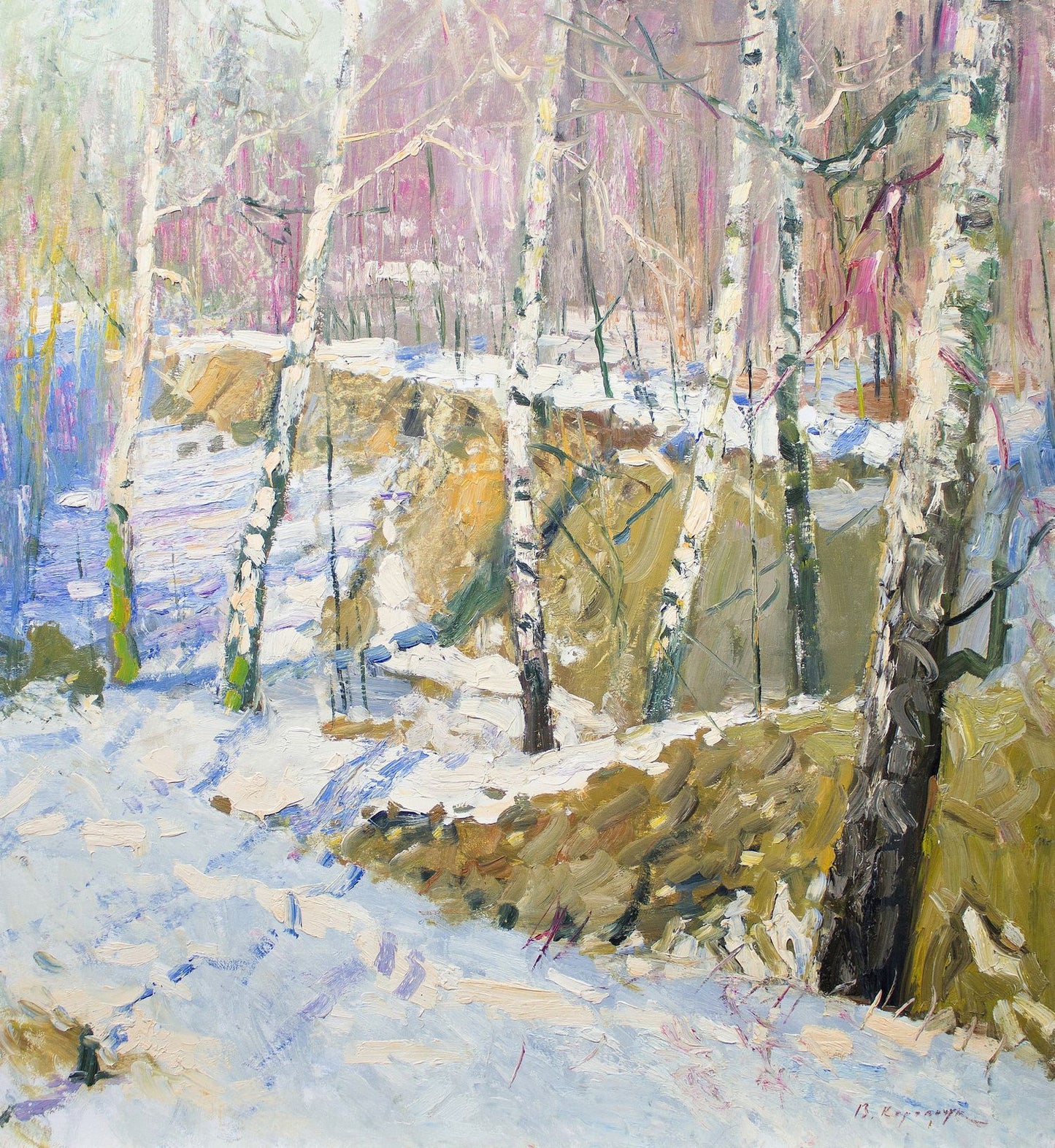 Vibrant impressionist birch trees in snow by Viktor Korolchuk oil painting
