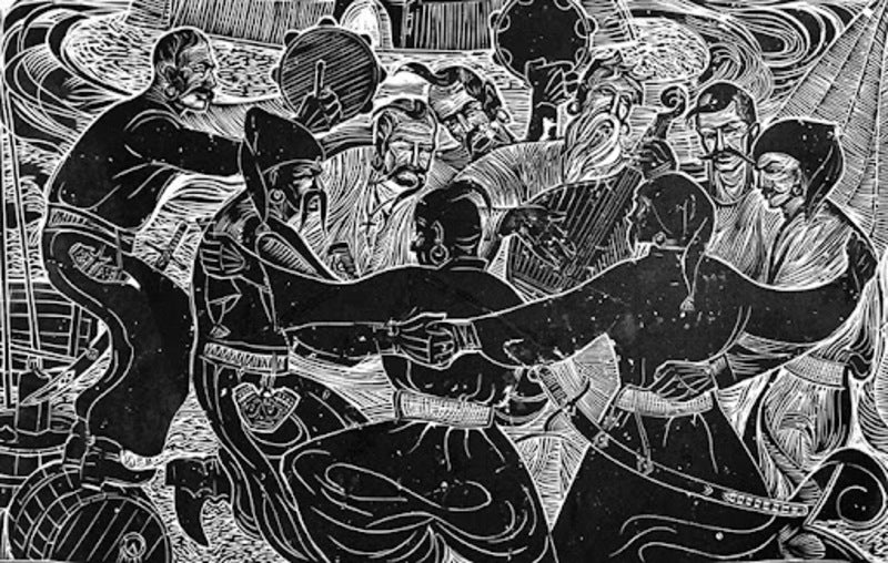 Black and white linocut by Mykola Stratyilat: lively Ukrainian folk dance