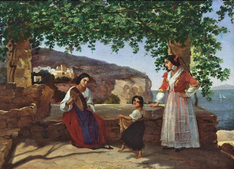 Woman in red white lace dress under tree by Apollon Mokrytsky oil painting