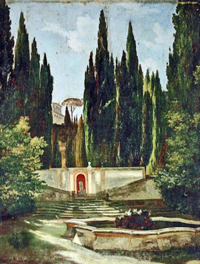 Serene stone fountain painting by Mokrytsky amid greenery and cypresses