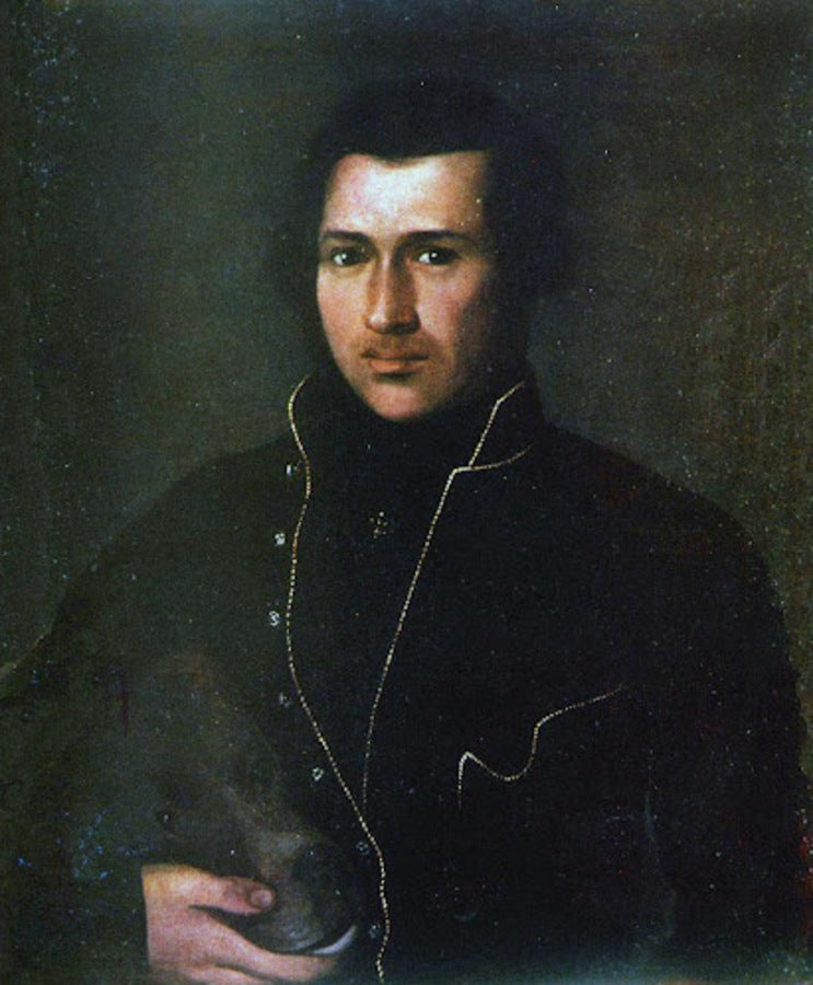 Dark portrait of Apollon Mokrytsky in 19th-century attire holding object