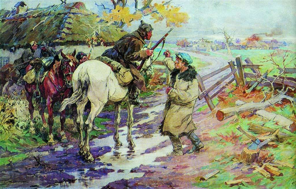 White horse with rider in military attire by Mykola Samokysh beside man on muddy path