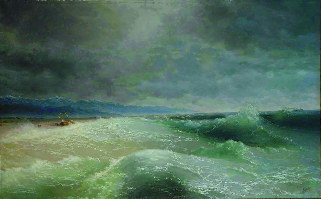 Stormy sea by Ivan Aivazovsky with crashing green waves under dark sky